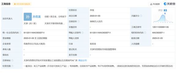 天賜材料在天津成立新公司，注冊資本5000萬布局日用化學產品銷售